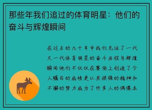 那些年我们追过的体育明星：他们的奋斗与辉煌瞬间