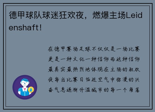 德甲球队球迷狂欢夜，燃爆主场Leidenshaft！